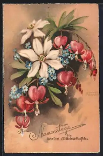 Künstler-AK Hannes Petersen: Bunter Blumenstrauss mit Vergissmeinnicht