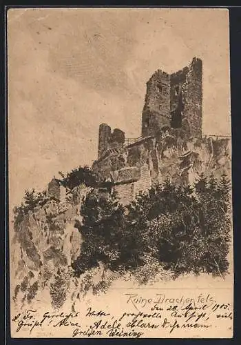 Künstler-AK Carl Jander: Burgruine Drachenfels