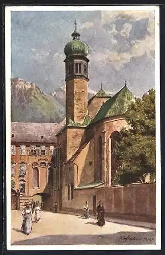 Künstler-AK E.F. Hofecker: Innsbruck, Hofkirche mit Passanten