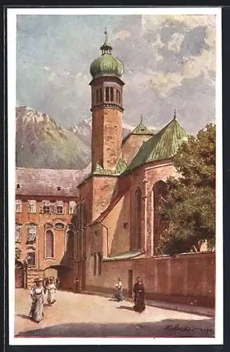 Künstler-AK E.F. Hofecker: Innsbruck, Hofkirche mit Passanten