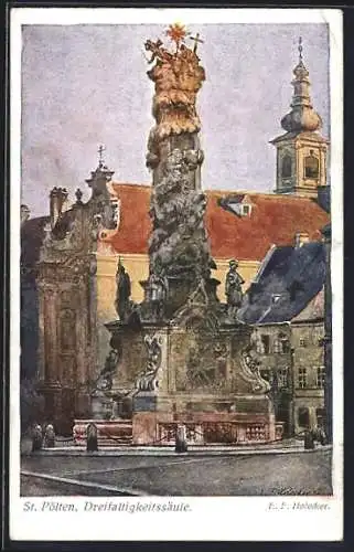 Künstler-AK E.F. Hofecker: St. Pölten, Dreifaltigkeitssäule