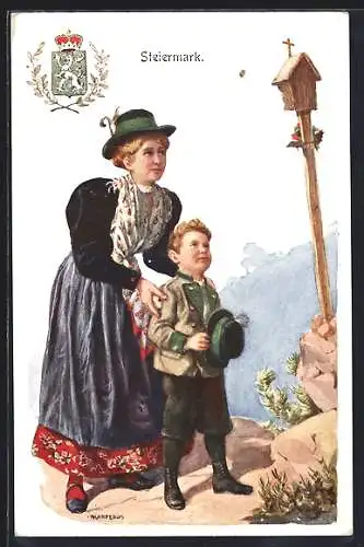 Künstler-Lithographie Adolf Karpellus: Steiermark, Mutter und Sohn an Flurkreuz