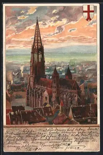 Künstler-AK Heinrich Kley: Freiburg, Ortsansicht mit Kirche aus der Vogelschau
