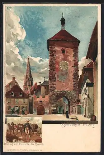 Künstler-AK Heinrich Kley: Freiburg, Partie am Schwabentor, Bild auf der Stadtseite des Turms