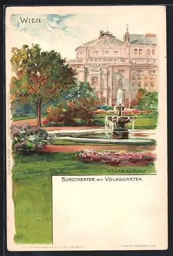 Künstler-Lithographie H. Junker: Wien, Burgtheater mit Volksgarten