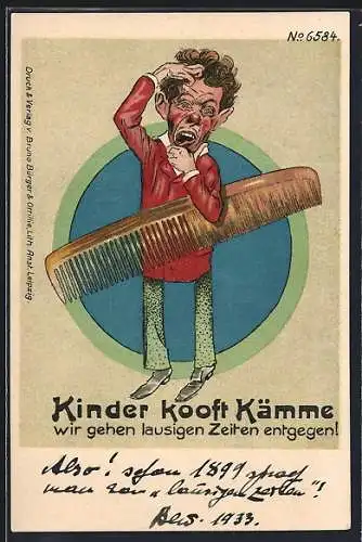 Künstler-AK Bruno Bürger & Ottillie Nr. 6584: Kinder kooft Kämme, wir gehen lausigen Zeiten entgegen