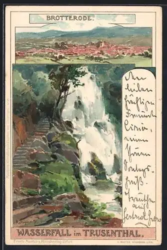 Künstler-AK A. Stagura: Brotterode, Totalansicht, Wasserfall im Trusenthal mit Steintreppe