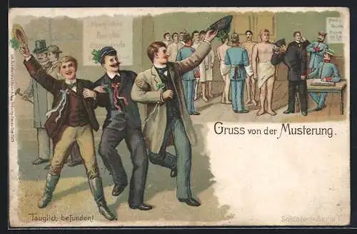 Lithographie Männer bei der Musterung für tauglich befunden, Gruss von der Musterung