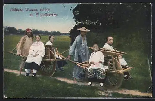 AK Chinese Woman riding on Wheelbarrow