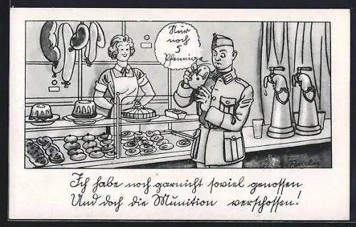 Künstler-AK Ferdinand Barlog: Soldat im Geschäft schaut in die Geldbörse - Nur noch 5 Pfennige um etwas zu kaufen