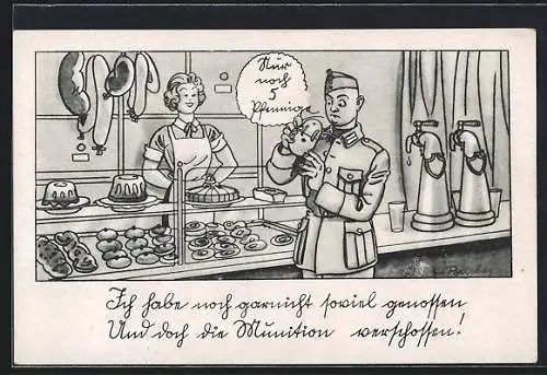 Künstler-AK Ferdinand Barlog: Soldat im Geschäft schaut in die Geldbörse - Nur noch 5 Pfennige um etwas zu kaufen