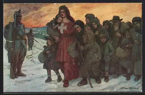 AK Schweizer Bundesfeier 1915, Helvetia mit einer Flüchtlingsgruppe im Schnee