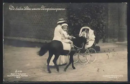 AK Söhne von Kronprinz Wilhelm von Preussen mit Pony und Kinderwagen