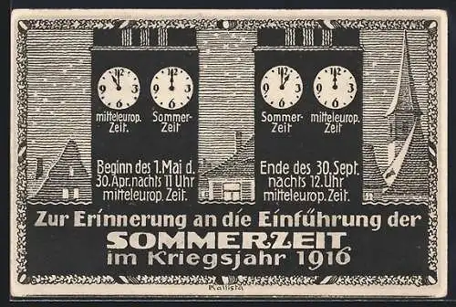 Künstler-AK Carus: Einführung der Sommerzeit im Kriegsjahr 1916, Uhren