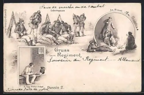 Lithographie Gruss vom Regiment, 3 Tage Mittel-Arrest, Gefechtspause