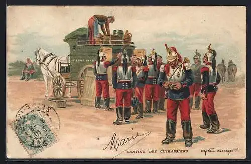 Künstler-Lithographie Eugène Chaperon: Cantine des Cuirassiers, Feldküche