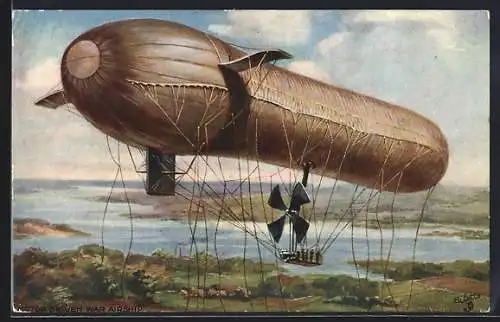Künstler-AK Motor-driven War Airship, Luftschiff, Zeppelin