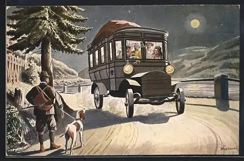 AK Jäger mit Hund und Postwagen, K. K. Automobilpost 1908