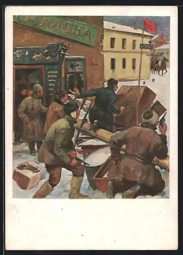 Künstler-AK Männer schützen sich hinter einer Strassenbarrikade, Revolution 1905