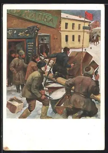 Künstler-AK Männer schützen sich hinter einer Strassenbarrikade, Revolution 1905