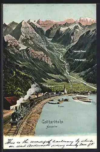 AK Gotthardbahn an der Nordseite mit Dampfer und Streckenverlauf, schweizer Eisenbahn