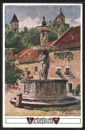 Künstler-AK E.F. Hofecker, AK Deutscher Schulverein Nr. 692: Friesach, am Brunnen