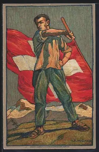 Künstler-AK H.B. Wieland, Einwohner schwengt in den Bergen eine Schweizer Fahne