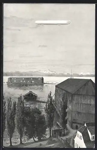 AK Manzell, Zeppelin im Flug über Gewässer