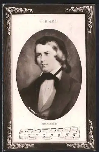 Passepartout-AK Portrait Schumann in Anzug mit Weste und Noten von Arabesque