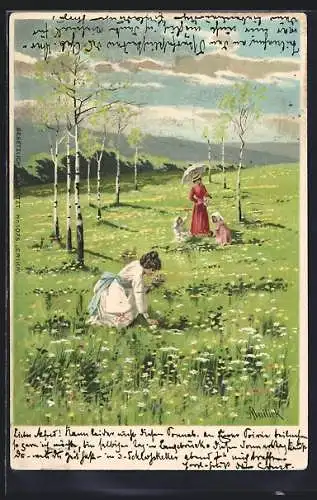 Künstler-AK Alfred Mailick: Frauen mit Kindern pflücken Blumen, Pfingstgruss
