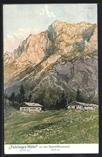 Künstler-AK Edward Theodore Compton: Tutzinger Hütte an der Benediktenwand, Berghütte