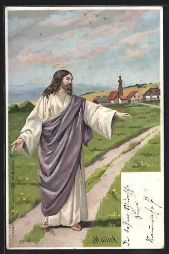 Künstler-AK Alfred Mailick: Jesus vor einem Ort, Bibelzitat, Spr. 10,22