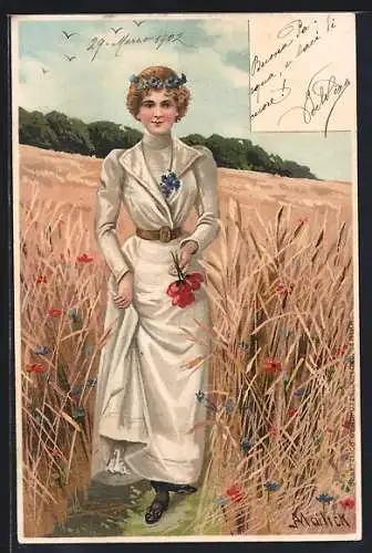 Künstler-AK Alfred Mailick: junge Dame im Kleid, Mohnblumen, Jugendstil