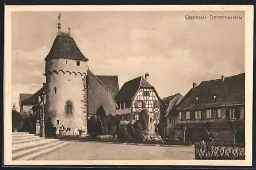 AK Obernai / Oberenheim, Ortspartie mit Turm und Kriegerdenkmal