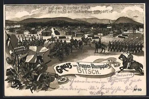 Lithographie Bitsch, Truppen-Übungsplatz, Teilansicht mit Soldaten