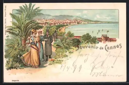 Lithographie Cannes, Promenade mit eleganten Spaziergängern