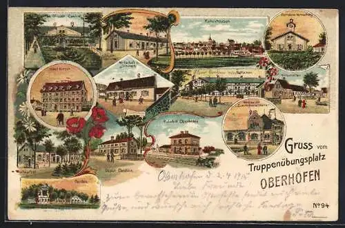 Lithographie Oberhofen, Truppenübungsplatz, Hotel Hirsch, Gasthaus zum Schwan, Lagerkantine, Offizier-Casino, Baracken