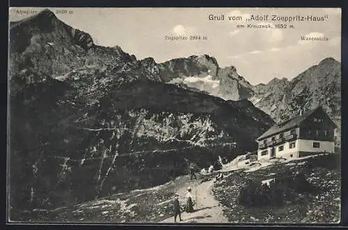 AK Adolf Zoeppritz-Haus, Berghütte am Kreuzeck mit Zugspitze und Waxenstein