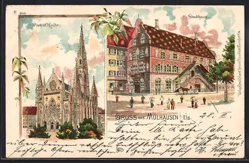 Lithographie Mülhausen i. E., Protest. Kirche, Stadthaus