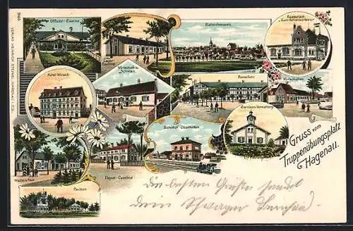 Lithographie Hagenau, Truppenübungsplatz mit Baracken, Garnison-Verwaltung, Depot-Cantine, Bahnhof Oberhofen