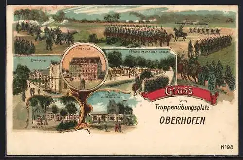 Künstler-AK Oberhofen, Truppenübungsplatz, Hotel Hirsch, Restaurant Zum Hohenzollern, Baracken