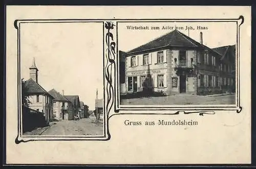 AK Mundolsheim, Gasthaus zum Alder v. Joh. Haas, Strassenpartie, Jugendstil-Passepartout