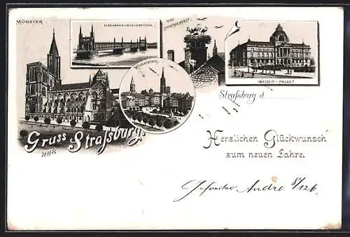 Lithographie Strassburg, Kaiser-Palast, Eisenbahn-Rheinbrücke