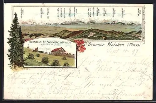 Lithographie Grosser Belchen, Bergpanorama, Gasthaus Belchenkopf von Eduard Wolf, Blumenverzierung