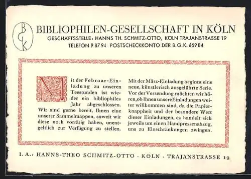 AK Köln, Bibliophilen-Gesellschaft, Geschäftsstelle Hanns-Theo Schmitz-Otto, Trajanstrasse 19