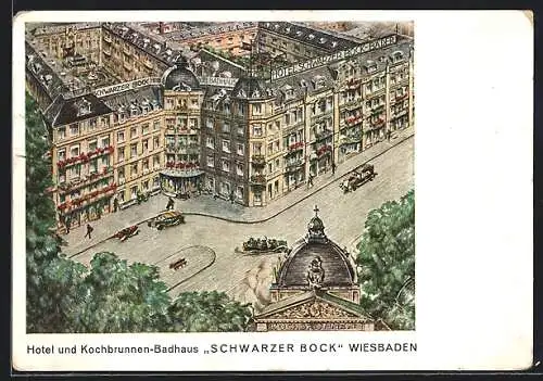 AK Wiesbaden, Blick auf Hotel und Kochbrunnen-Badhaus Schwarzer Bock