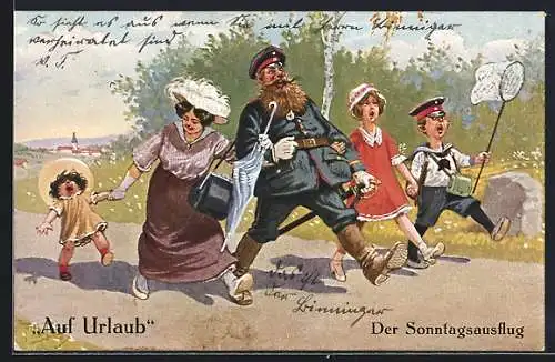 Künstler-AK A. Thiele: Soldat auf Urlaub, Sonntagsausflug mit der Familie