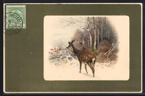Lithographie Rehe im winterlichen Wald