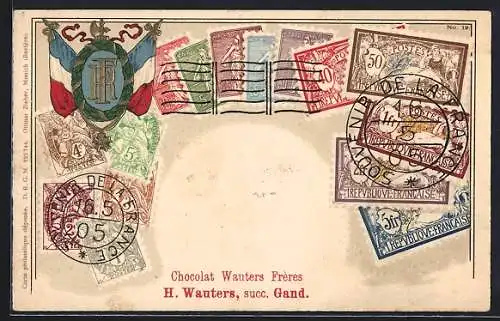 AK Frankreich, Briefmarken und Wappen mit Fahnen