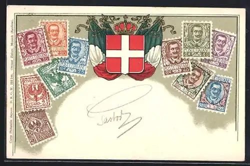 AK Italien, Briefmarken mit Wappen